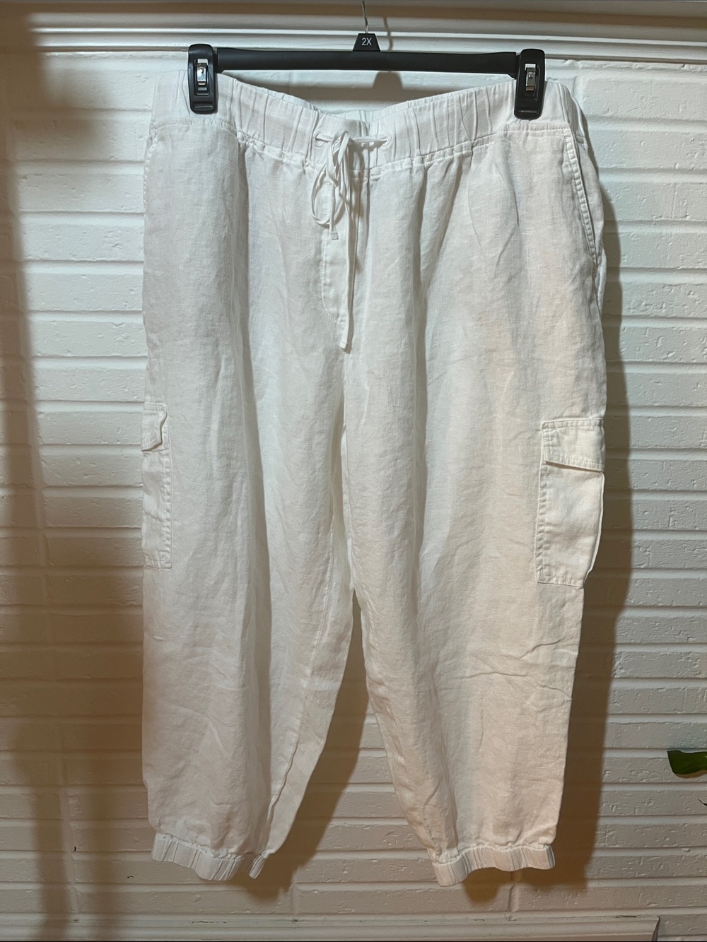 Women's White Linen Cargo Drawstring Pants